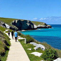 Caribbean Holidays, Bermuda March Tours, A scenic coastal trail overlooking turquoise sea, dramatic cliffs and Horseshoe Bay in Bermuda, with walkers enjoying the spring sunshine