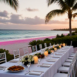 Caribbean Holidays, Bermuda March Weddings, Bermuda wedding reception at sunset in March, with a long table, candles, local seafood and views across the pink-sand shoreline