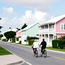 Caribbean Holidays, Bermuda March Weddings, Newlywed couple exploring Bermuda after a March wedding, riding bicycles along a quiet coastal road near pastel houses