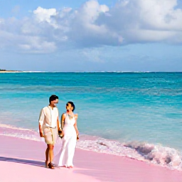 Caribbean Holidays, Bermuda March Weddings, Romantic Bermuda coastline in March with soft sunshine, turquoise water, pink sand and a couple walking beside the sea