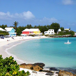 Caribbean Holidays, Bermuda Multi-Country Trips, A scenic view of a Bermuda beach with pastel houses, clear turquoise water and a small sailing boat offshore
