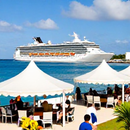 Caribbean Holidays, Bermuda Multi-Country Trips, Travellers enjoying a colourful Caribbean harbour with a cruise ship, waterfront restaurants and tropical scenery