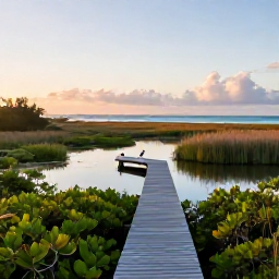 Caribbean Holidays, Bermuda Nature Holidays, A calm Bermuda wetland and coastal reserve at sunrise, with native birds, mangroves, reeds and a small wooden boardwalk