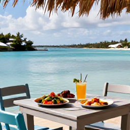 Caribbean Holidays, Bermuda Nature Holidays, A friendly outdoor table at a Bermuda waterside caf&eacute; overlooking a calm bay, with local food and spring sunshine