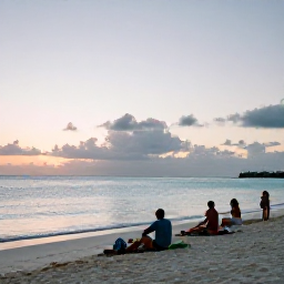 Caribbean Holidays, Bermuda Nature Holidays, A relaxed evening scene on a Bermuda beach with a calm sea, soft sunset light and visitors enjoying the natural surroundings