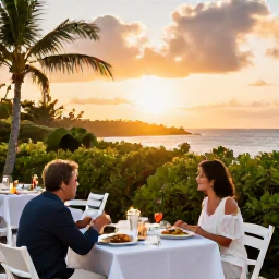 Caribbean Holidays, Bermuda Nature Holidays, A relaxed outdoor dining scene in Bermuda near the coast at sunset, with local food, tropical greenery and warm evening light