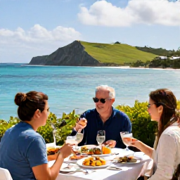 Caribbean Holidays, Bermuda Nature Holidays, A relaxed outdoor lunch overlooking Bermuda&rsquo;s blue sea, with local food, green hills and warm February sunshine