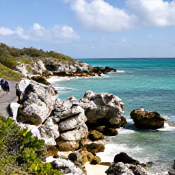 Caribbean Holidays, Bermuda Nature Holidays, A scenic Bermuda shoreline with rugged limestone rocks, turquoise sea and a couple walking the Railway Trail in gentle February light