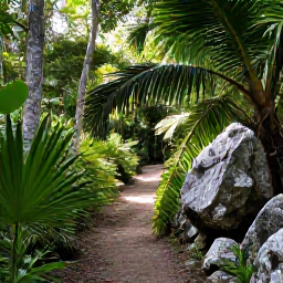 Caribbean Holidays, Bermuda Nature Holidays, A shady nature trail through Bermuda woodland in summer, with limestone rocks, palms, ferns and sunlight filtering between the trees