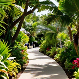 Caribbean Holidays, Bermuda Nature Holidays, A tranquil Bermuda botanical garden in August with tropical plants, winding paths and visitors enjoying the shade