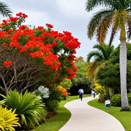 Caribbean Holidays, Bermuda Nature Holidays, Bermuda Botanical Gardens in June with flowering plants, palm trees, winding paths and visitors enjoying a peaceful afternoon