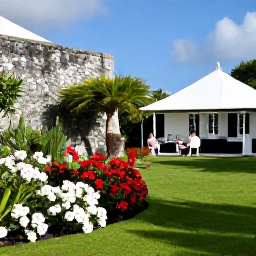 Caribbean Holidays, Bermuda Nature Holidays, Bermuda garden in March with colourful flowers, historic stone walls and visitors enjoying a peaceful afternoon