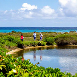 Caribbean Holidays, Bermuda Nature Holidays, Bermuda nature reserve in January with birdwatchers beside a pond, coastal greenery and distant blue sea