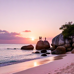 Caribbean Holidays, Bermuda Nature Holidays, Bermuda sunset over a pink-sand beach with calm sea, coastal rocks and a couple enjoying a January nature holiday