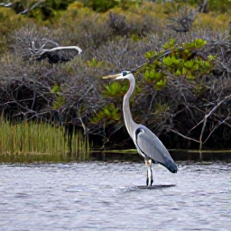Caribbean Holidays, Bermuda Nature Holidays, Bermuda wetlands and woodland in winter, with a great blue heron beside calm water and native vegetation