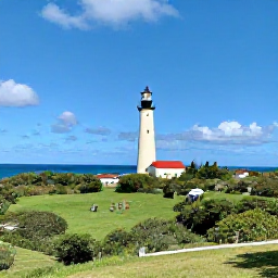 Caribbean Holidays, Bermuda Nature Holidays, Bermuda&rsquo;s Gibbs Hill Lighthouse above green countryside and coastline, with visitors enjoying a clear spring afternoon