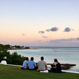 Caribbean Holidays, Bermuda Nature Holidays, Relaxed January evening in Bermuda with visitors enjoying a coastal viewpoint, pastel sky and calm sea