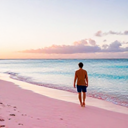 Caribbean Holidays, Bermuda Nature Holidays, Relaxed traveller on a pink-sand Bermuda beach at sunset with calm turquoise sea