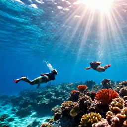 Caribbean Holidays, Bermuda Nature Holidays, Snorkellers exploring a colourful coral reef in clear Bermuda water with tropical fish and sunlight filtering from above