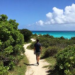 Caribbean Holidays, Bermuda Nature Holidays, Traveller walking along a scenic Bermuda nature trail through greenery beside the ocean in November