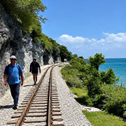 Caribbean Holidays, Bermuda Nature Holidays, Visitors walking along a scenic Bermuda railway trail beside cliffs, woodland and sparkling blue sea