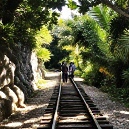 Caribbean Holidays, Bermuda Nature Holidays, Visitors walking along a scenic Bermuda railway trail surrounded by lush greenery, limestone walls and dappled sunlight