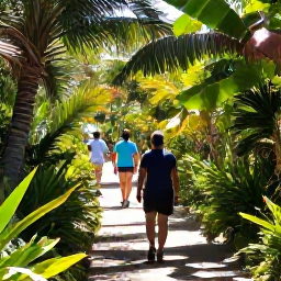 Caribbean Holidays, Bermuda Nature Holidays, Visitors walking along a shaded trail through lush greenery in Bermuda, with dappled sunlight and tropical plants