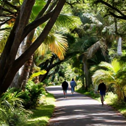 Caribbean Holidays, Bermuda Nature Holidays, Visitors walking through a lush Bermuda nature reserve with winding paths, cedar trees, palms and dappled April sunlight