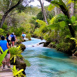 Caribbean Holidays, Bermuda Nature Holidays, Visitors walking through lush Bermuda woodland beside a clear blue stream in Walsingham Nature Reserve during February