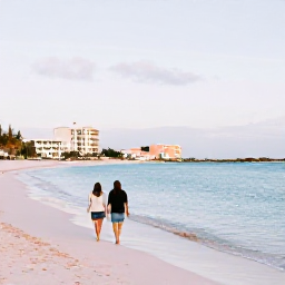 Caribbean Holidays, Bermuda November Breaks, Couple walking along a pink-sand beach in Bermuda during soft November sunshine, with calm blue water and pastel buildings in the distance