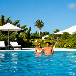 Caribbean Holidays, Bermuda November Breaks, Happy couple relaxing beside a tranquil Bermuda resort pool in November, surrounded by tropical gardens and bright blue sky
