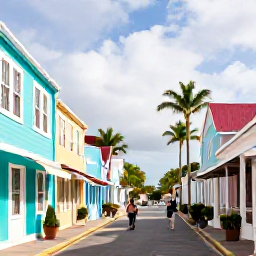 Caribbean Holidays, Bermuda November Holidays, A couple exploring pastel-coloured Hamilton streets in Bermuda, with colonial buildings, shops and palm trees