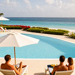 Caribbean Holidays, Bermuda November Holidays, Travellers relaxing beside a stylish Bermuda resort pool overlooking the Atlantic Ocean in warm November sunshine