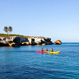 Caribbean Holidays, Bermuda October Adventures, Kayakers paddling across clear blue water beside Bermuda&rsquo;s rocky coastline in warm October sunshine