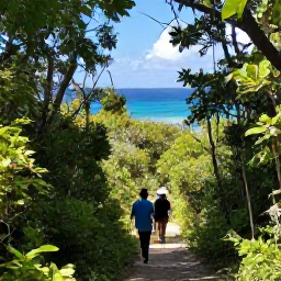 Caribbean Holidays, Bermuda October Adventures, Visitors exploring a Bermuda nature trail through green woodland towards a dramatic coastal viewpoint in October