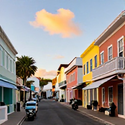 Caribbean Holidays, Bermuda October Holidays, A colourful Bermuda street with pastel buildings, mopeds, local shops and historic colonial architecture under warm autumn sunshine