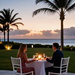 Caribbean Holidays, Bermuda October Holidays, A couple enjoying an outdoor dinner at a Bermuda resort at sunset, with palm trees, soft lights and the ocean in the background