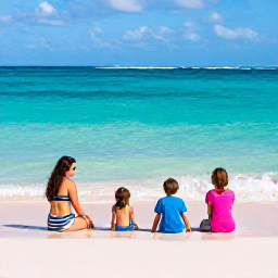 Caribbean Holidays, Bermuda October Holidays, A happy family relaxing on a sunny pink-sand beach in Bermuda during October, turquoise water and gentle waves
