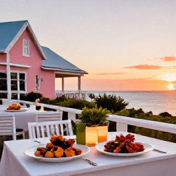 Caribbean Holidays, Bermuda October Holidays, A relaxed outdoor restaurant in Bermuda serving fresh seafood at sunset, with pastel buildings and a gentle sea view