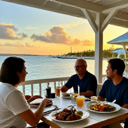 Caribbean Holidays, Bermuda October Holidays, Cosy Bermuda restaurant overlooking the harbour at sunset, with fresh seafood dishes and relaxed diners