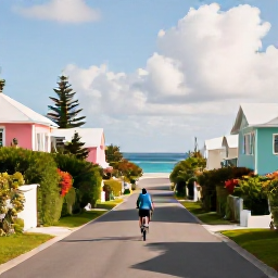Caribbean Holidays, Bermuda October Holidays, Family cycling along a quiet coastal road in Bermuda, pastel houses, lush greenery and ocean views on a warm October day