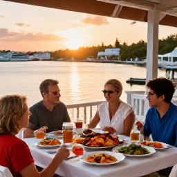 Caribbean Holidays, Bermuda October Holidays, Family dining at an outdoor restaurant in Bermuda at sunset, fresh seafood, colourful local dishes and a relaxed harbour view