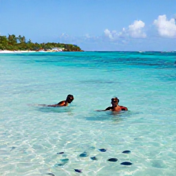 Caribbean Holidays, Bermuda October Holidays, Family snorkelling in clear turquoise water beside a Bermuda beach, colourful fish visible below and a sunny coastline in the background