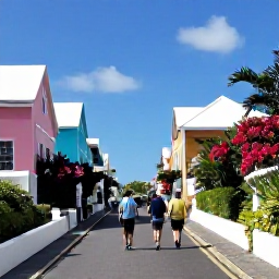 Caribbean Holidays, Bermuda October Holidays, Family walking through the colourful streets of St George's Bermuda, historic buildings, flower-filled gardens and blue sky