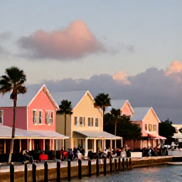 Caribbean Holidays, Bermuda October Holidays, Warm October evening in Hamilton, Bermuda, with pastel buildings, palm trees and visitors exploring the waterfront
