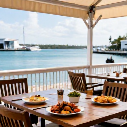 Caribbean Holidays, Bermuda October Tours, A friendly outdoor restaurant in Bermuda in October, serving fresh seafood and local dishes beside a sunny harbour