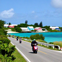 Caribbean Holidays, Bermuda October Tours, A scenic Bermuda road with visitors travelling by colourful scooter past turquoise bays, pastel houses and lush vegetation