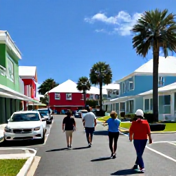 Caribbean Holidays, Bermuda October Tours, Visitors enjoying a guided walking tour through Hamilton, Bermuda, with colourful buildings, palm trees and historic architecture