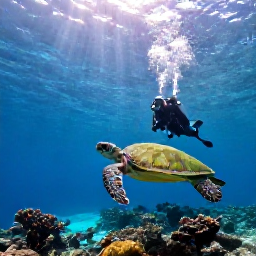 Caribbean Holidays, Bermuda Scuba Diving, A diver observing a green sea turtle near a Bermuda coral reef, with sunbeams filtering through clear blue water