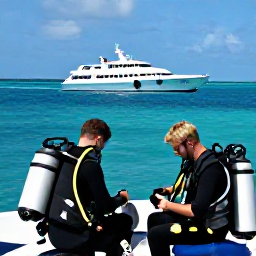 Caribbean Holidays, Bermuda Scuba Diving, A friendly Bermuda dive boat with scuba divers preparing equipment beside a sunny turquoise coastline